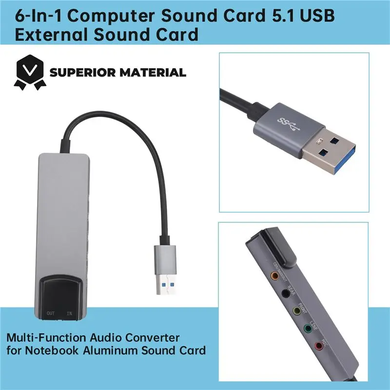 2X 6-In-1 컴퓨터 사운드 카드 5.1 USB 외부 사운드 카드 노트북용 다기능 오디오 변환기 알루미늄-ABIU