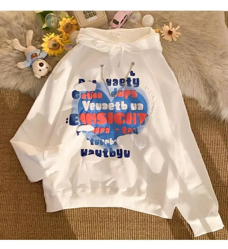 New style with chain suede American high street black foam letter hoodie female vibe style student couple loose y2k top
