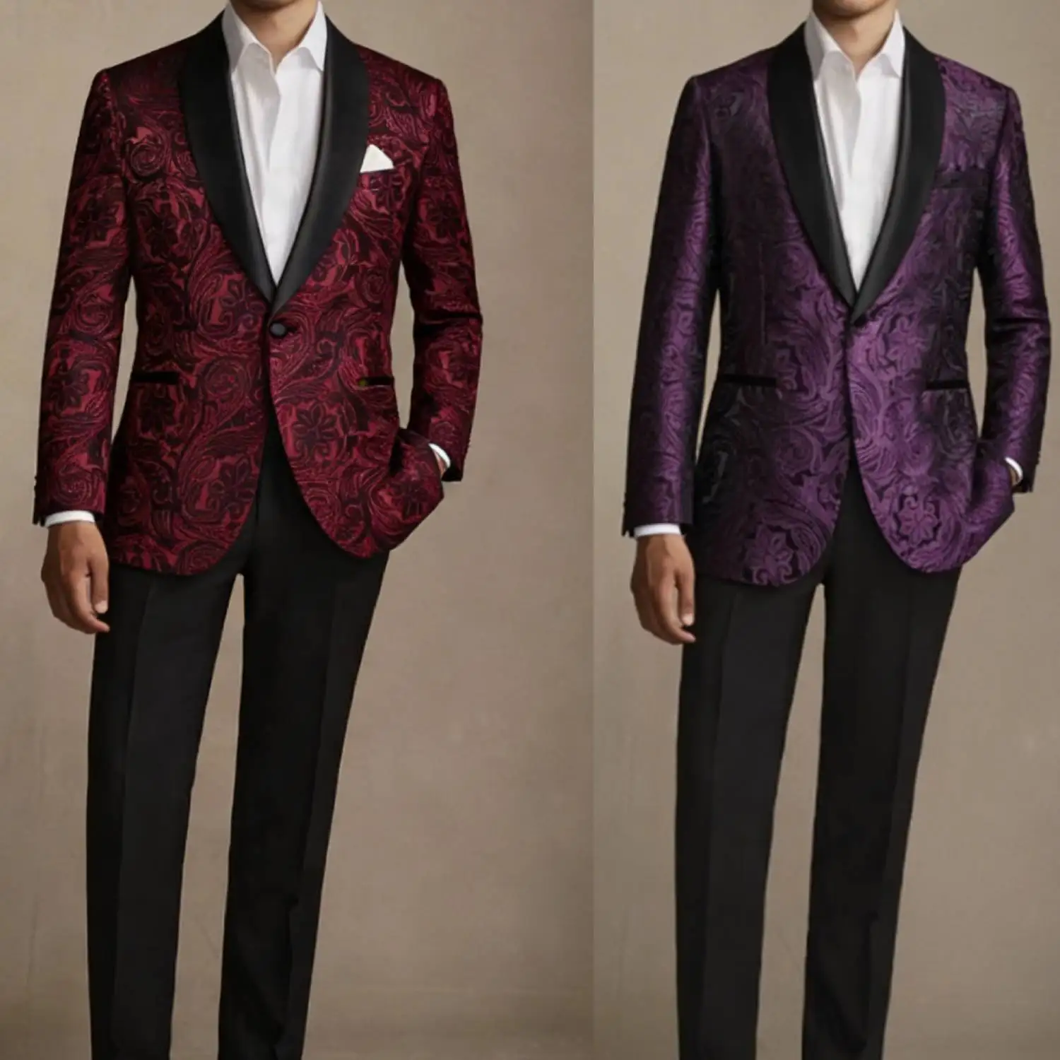 Men's Burgundy & Purple Paisley Print Suit Blazer Elegant Satin Lapel Wedding Party Jacket