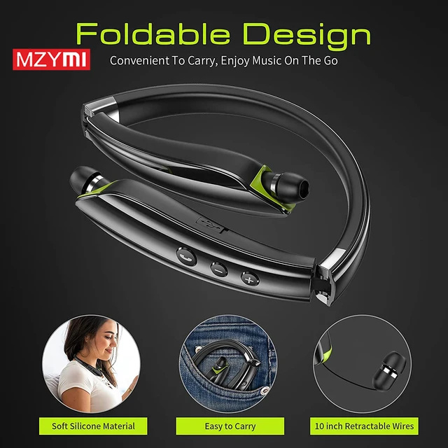 MZYMI SX-990 Wireless Bluetooth Headset Neckband Foldable Headphones Retractable Earbuds Noise Cancelling Hifi Stereo Earphones