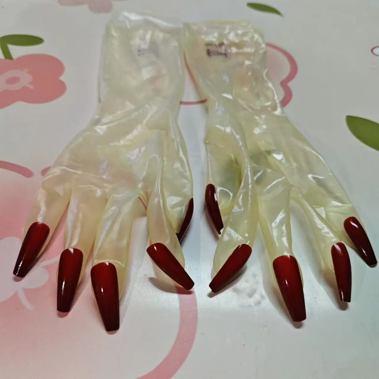 Crossdress Male To Female Oil Shiny Transparent Thin Latex Zentai Long Flat Nails Fetish Sheer Cosplay Kigurumi Gloves