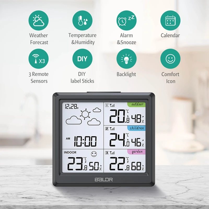 BALDR Wireless Weather Station with 3 Groups Humidity Temperature Touch  Screen