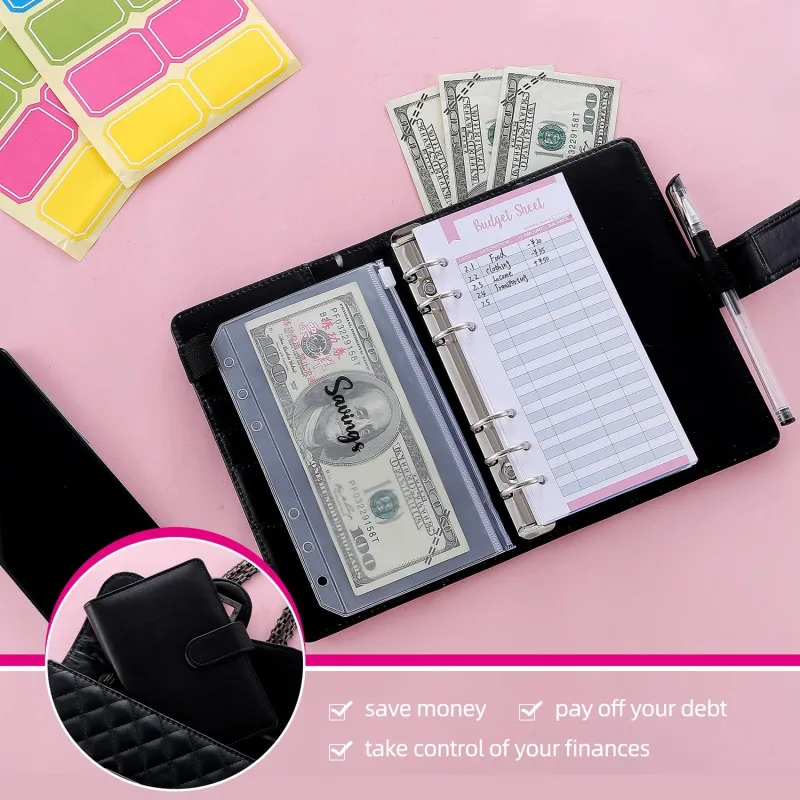 budget binder A6 PU leather budget binder with cash envelopes pockets zip small French budget pouch binder for saving money planner organizer