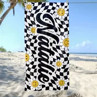 Personalized Daisy Grid Name Beach Towel, Custom Monogram Pool Towel, Signature Beach Towel For Kids, Vacation Gift Picnic Towel 2