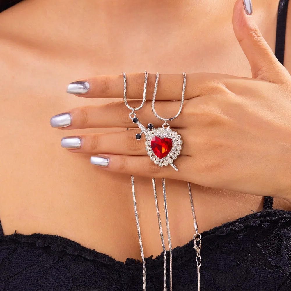 Gothic Punk One Arrow Through The Heart Creative Two Color Couple Red Rhinestone Heart Dagger Pendant Necklace Good Friend Gift