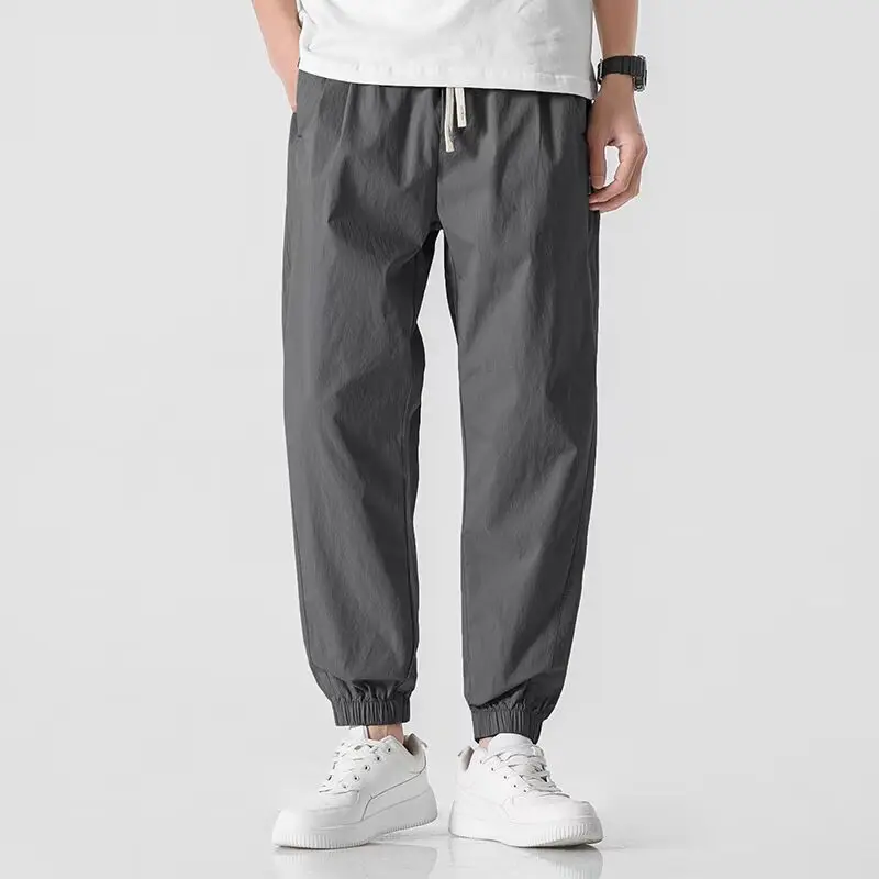 High Street Trend Men Spring Fashion Work Pants Loose Bound Feet Thin Style Solid Color Elastic Waist Large Size Casual Trousers