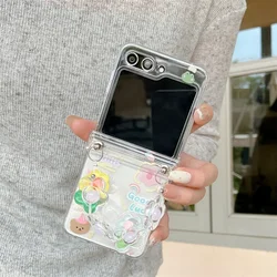 Charming Butterfly and Floral Phone Case with Wrist Strap - Clear Hard Cover with Hinge Protection - Samsung Galaxy Z Flip 5 (A)