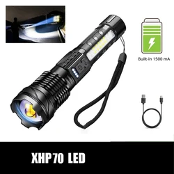 High-Power Waterproof LED Flashlight with Side Light and USB Rechargeable Zoom Lamp - 2Pack (P70)