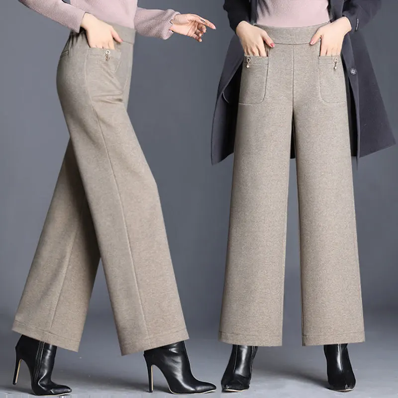 Autumn Winter Woolden Wide Leg Pants Women Solid Colors High Waist Baggy Trousers Casual Korean Big Size Loose Ankle-Length Pant