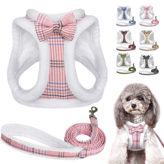 Winter Dog Harness Leash Set Warm Fur Dog Vest And Pet Walking Lead Rope Cute Bowknot Harnesses Soft For Small Medium Dogs Puppy