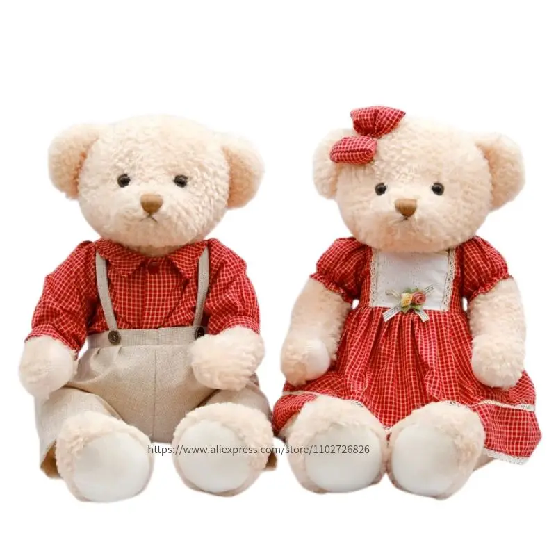 2pcs/Set Couple Teddy Bear Plush Toys Kawaii Stuffed Shy Bear Doll With Plaid Clothe Best Birthday Wedding Gift for Kids Friends