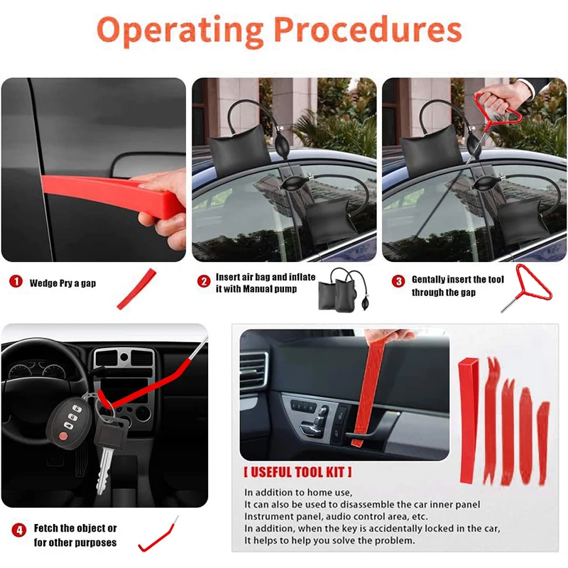 18pcs Car Wedge Pump Thickened Door Repair Air Cushion Emergency Open  Unlock Tool Kit With Long Reach Grabber