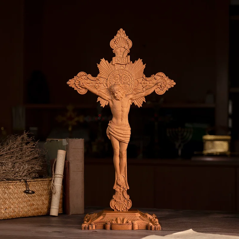 Handmade St. Benedict Wooden Cross Statue Religious Home Altar Decor with Base, Carved Catholic Christian Figurine,Blessing Gift