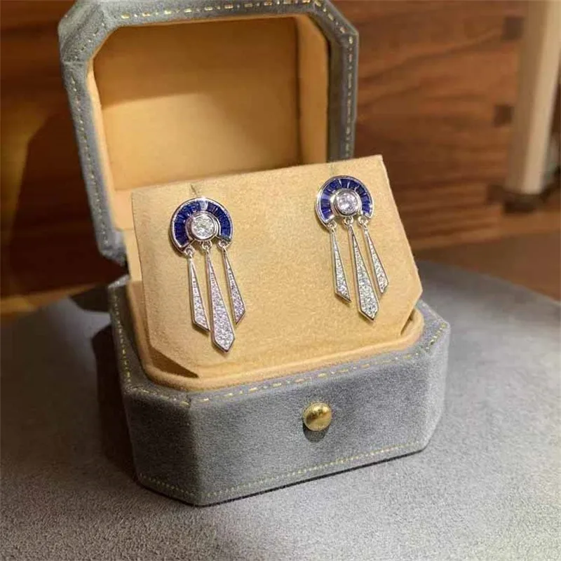 Creative Roman trapezoidal blue crystal tassel earrings for women light luxury trend retro style elegant earring jewelry