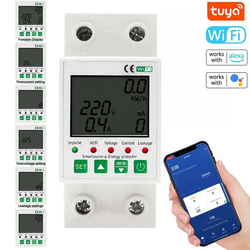 Tuya APP WIFI 스마트 에너지 미터 2P 63A kWh 미터 전력계 과전압 누설 보호 전압 모니터링 타이머, 앱, 스마트, 디지털, 지능형, 기술, 강력한