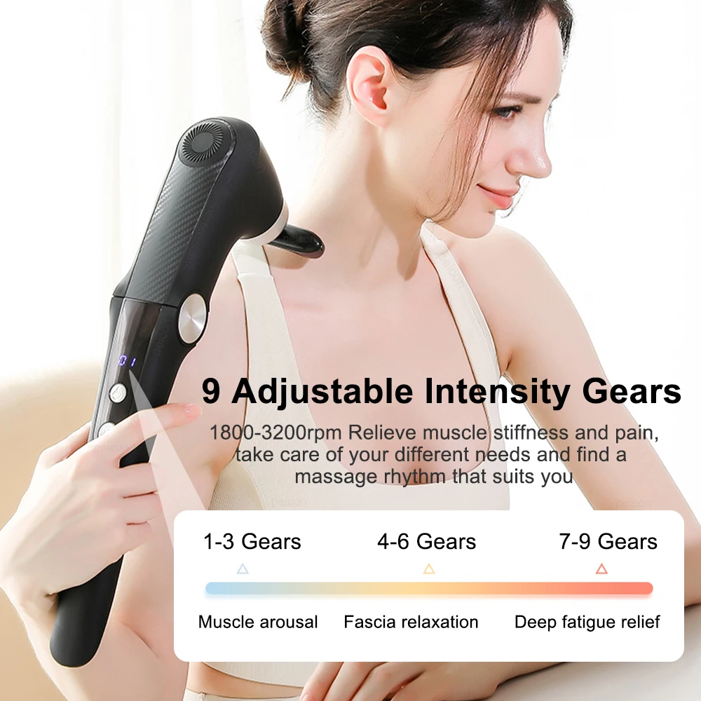 Fascia Gun With Extended Handle Foldable Massage Gun for Neck Back Shoulder Leg Hot Cold Compress Adjustable Body Massagers