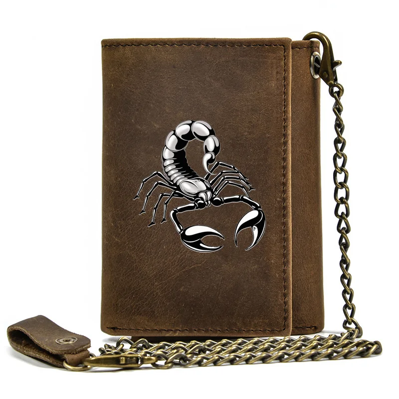 

High Quality Men Genuine Leather Wallet Anti Theft Hasp With Iron Chain Cool Silver Scorpion Cover Card Holder Short Purse