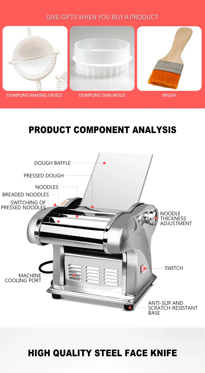 Description Picture 4 of item4 Blades Household Pasta Machine Dumpling Wonton Skin Dough Mixer Rolling Machine Farfalle Pasta Maker Electric Noodles Maker
