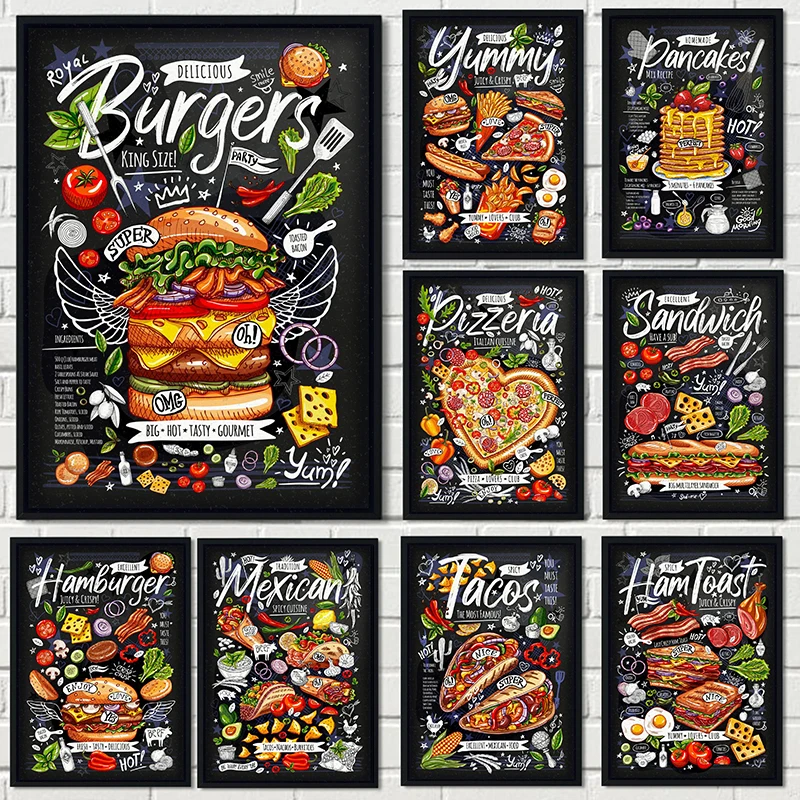 

Kitchen Food Fries Burger Pizza Sandwich Still Life Canvas Paintings Posters Prints Wall Art for Restaurant Kitchen Decor Cuadro