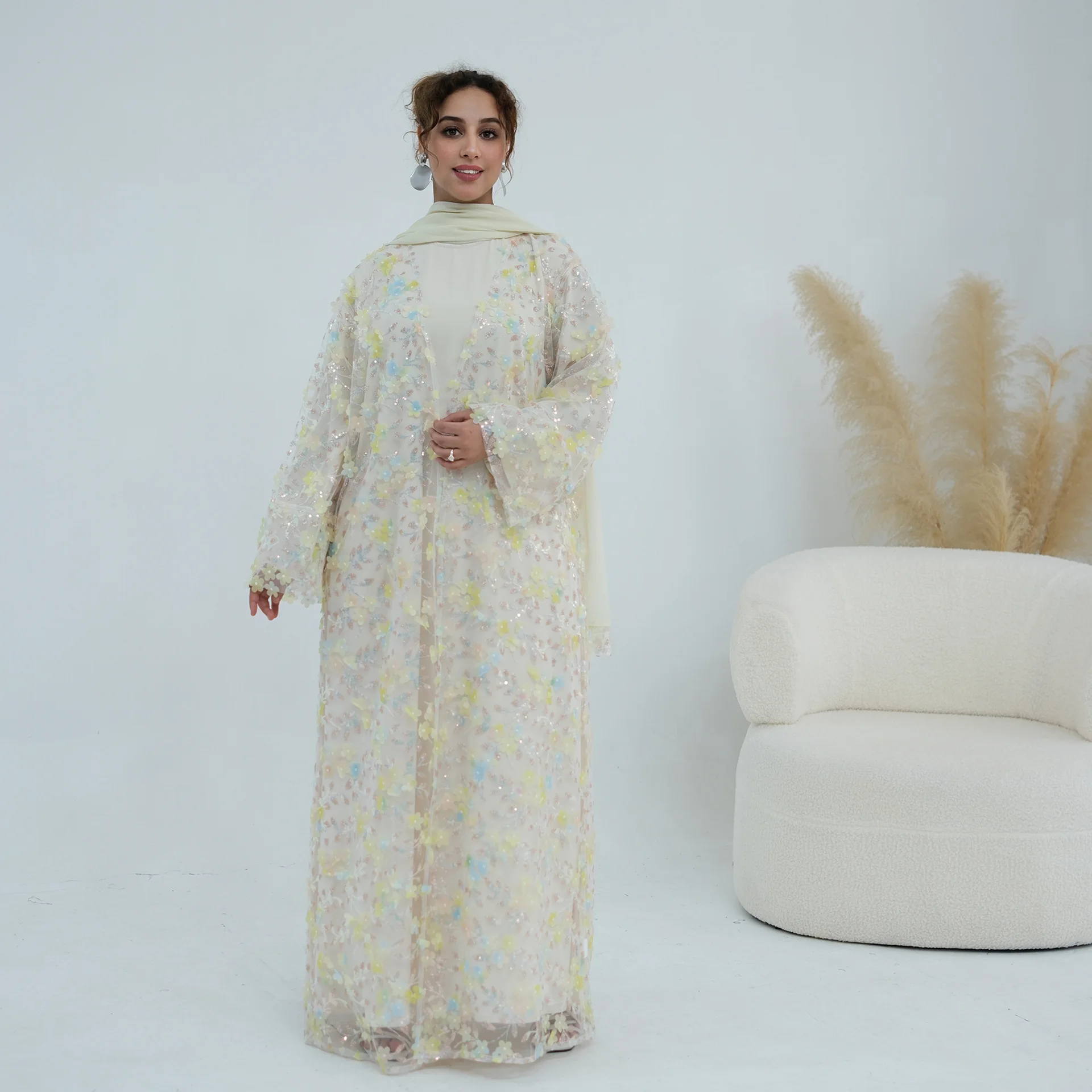 3PCS Muslim Women Matching Set Flower Embroidery Kimono Cardigan Maxi Dress Hijab Robe Abaya Dubai Kaftan Islam Jalabiya Kebaya, view 5