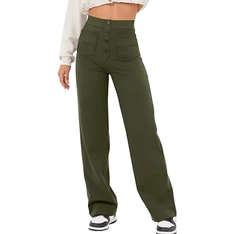 Autumn New Women's High Waist Pocket Wide Leg Button Casual Loose Straight Trousers and Pants