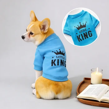 1pc Crown Print Pet Sweatshirt for Dogs & Cats - Soft Blue Pullover with Ribbed Cuffs, Striped Letter Design
