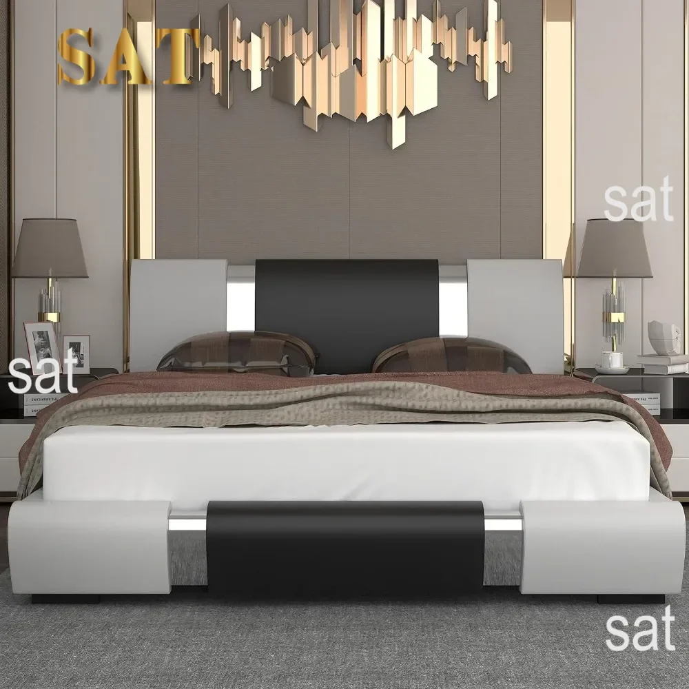 queen size bed frame, With faux leather upholstered headboard and wood slat support, Heavy duty mattress base，White & Black