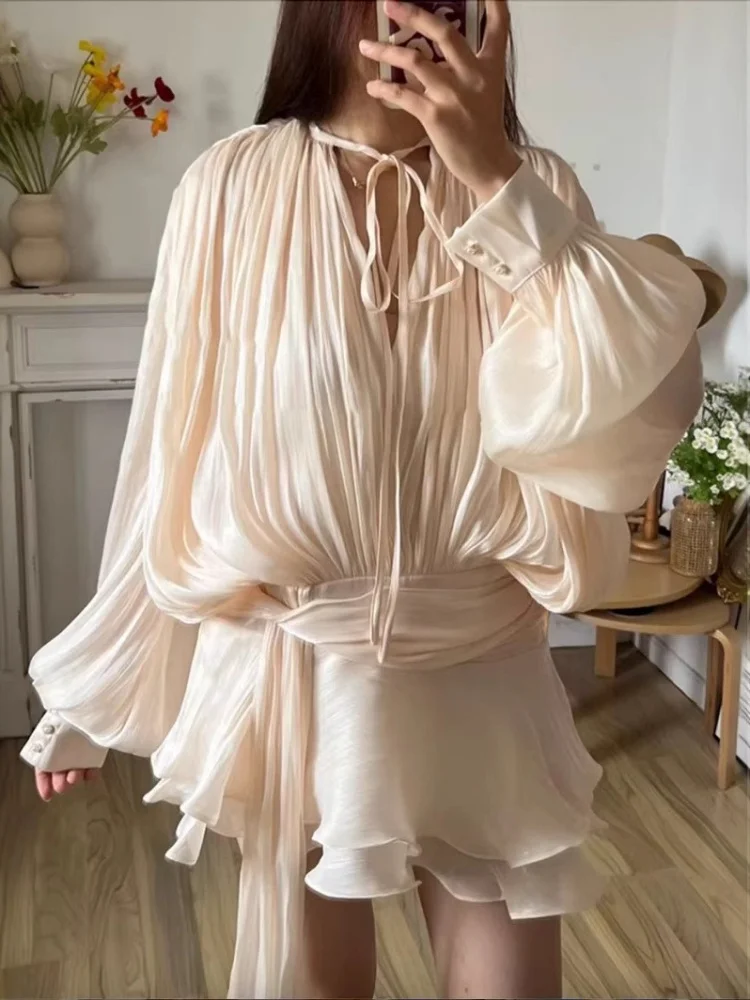 wmstar two piece set women whplesale 2025 French style cross border puffed sleeve ruffled skirt New pleated design short dress