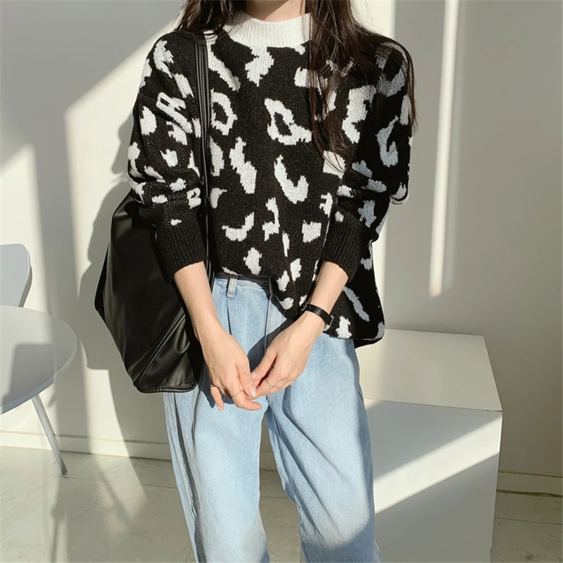 HziriP New Women Autumn Winter Leopard Sweaters Knitted Warm Thick OL Fashion Chic Vintage Loose All Mtach Pullover Tops Female white sweater