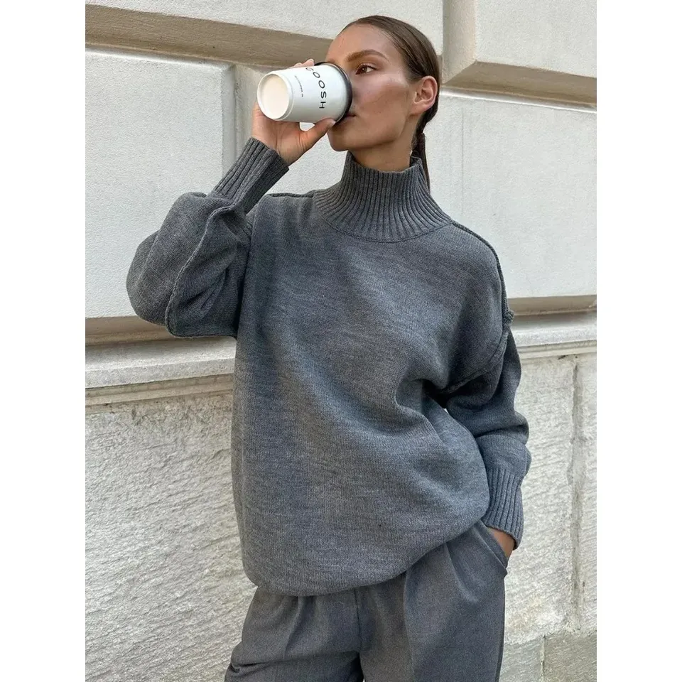 Zekey Autumn Winter Women's Solid Color Knitted Turtleneck Sweater Female Warm FashionThick Loose Casual Pullovers