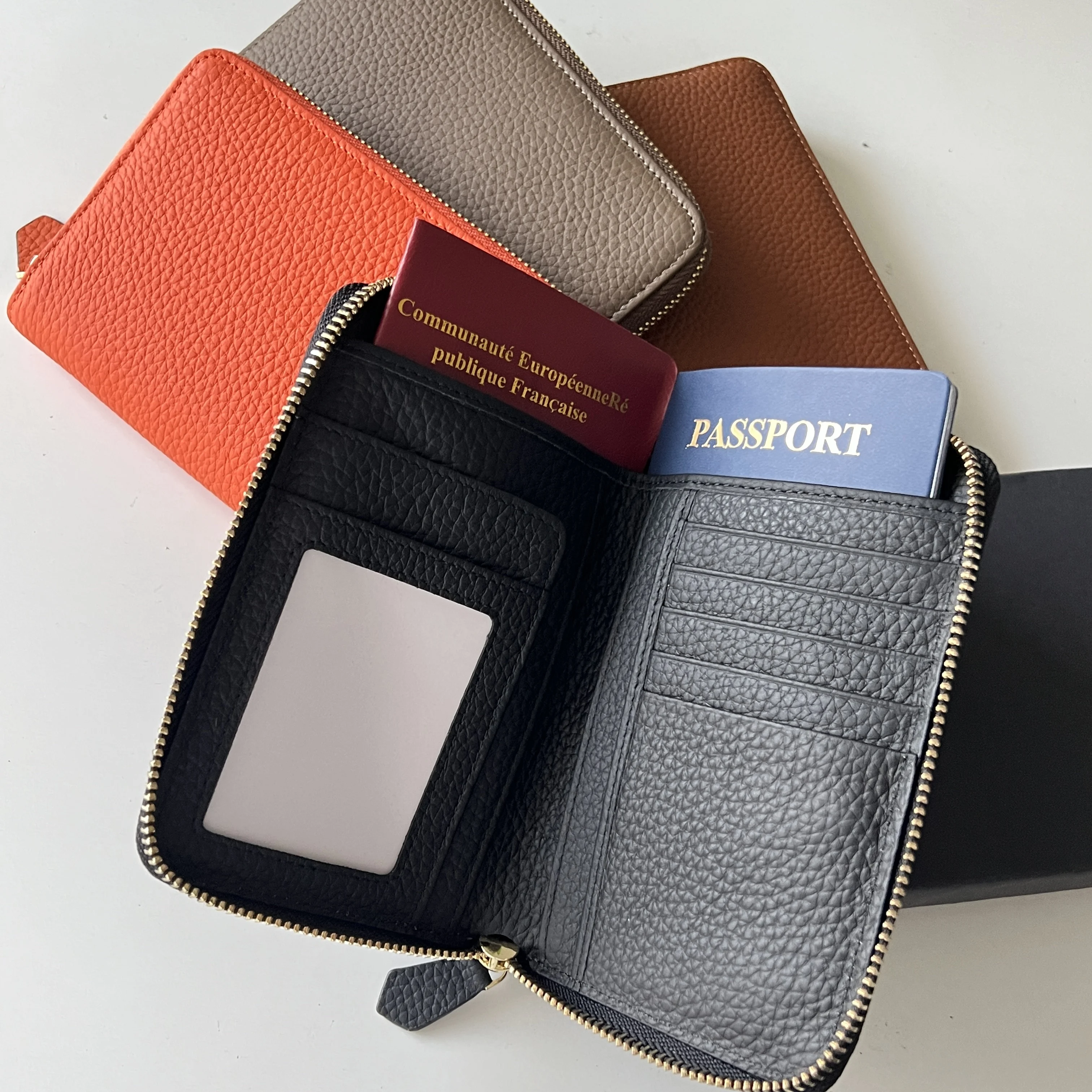 

Custom Letters Genuine Leather Pebble Pattern Travel Zipper Wallet Passport Cover Ticket Storage Travel Accessories Cardholder