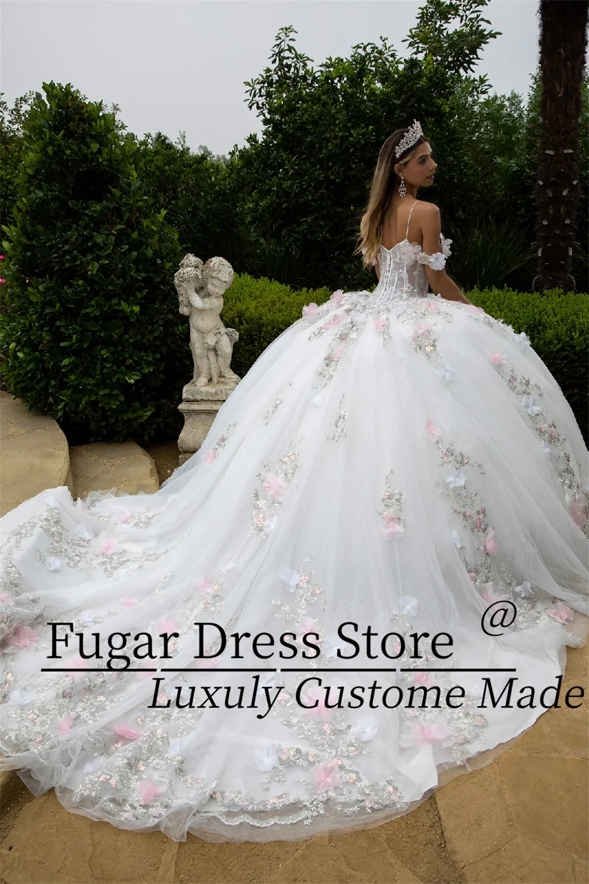French Off White Quinceanera Dresses 3D floral decal long off shoulder dress paired with A-line skirt Customize