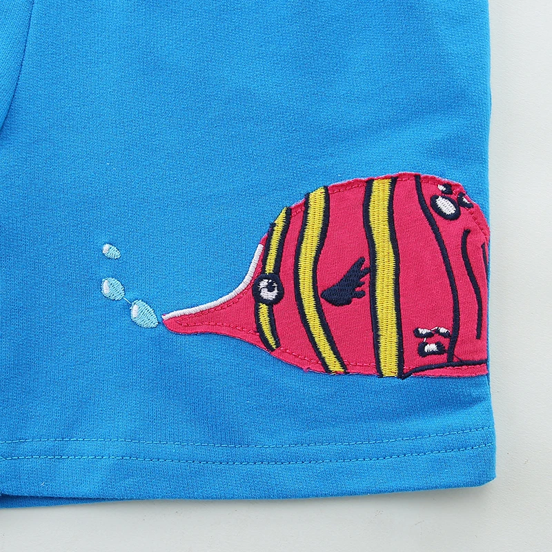 Summer Boys Shorts Blue Cartoon Fish Beach Pant Kids Clothes Baby Boys Sporty Shorts Knit Cotton Comfort