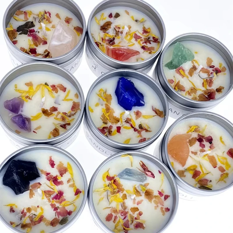 Scented Crystal Stone & Dry Flower Candle in Elegant Silver Tin