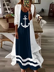 Navy Blue Anchor Print Long Sleeve Dress Set for Women - Fashionable Two - Piece Summer/Fall Outfit (Navy blue)