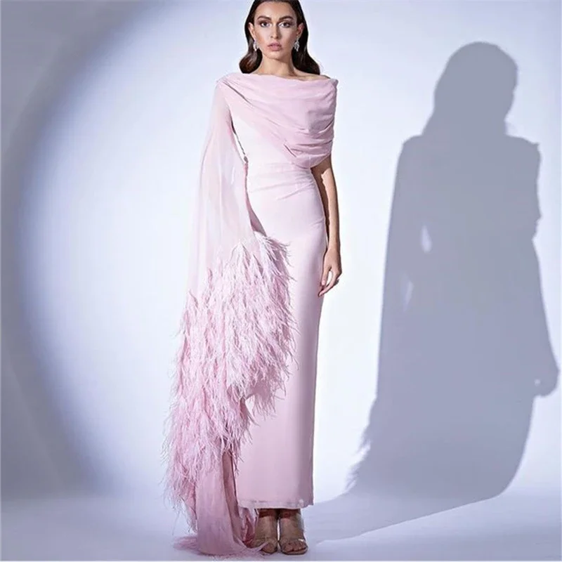 

Elegant Dubai Arabic Pink Prom Dress Mermaid Feather Chiffon Off Shoulder Evening Dresses Sexy Formal Party Gowns فساتين السهرة