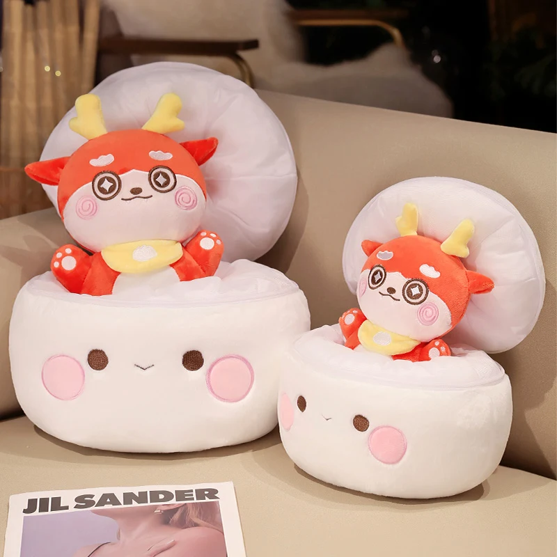 Creative Funny Steamed Stuffed Bun Include Dragon Plush Toy Kawaii Soft Stuffed Delicious Bun Plushies Throw Pillow Cushion Doll