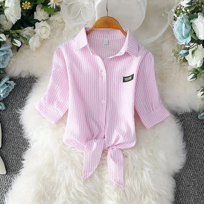 Casual White Blouse for Women Elegant Solid Short Sleeve Shirt Bow Belt Waist Office Lady Tops Summer Fashion Clothes 19870