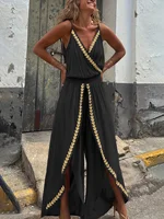 Women's Casual Purple Jumpsuit Gold Embellished Wrap Neck Split Legs High Waist Great for Bohemian Trips City Walks - Image 4