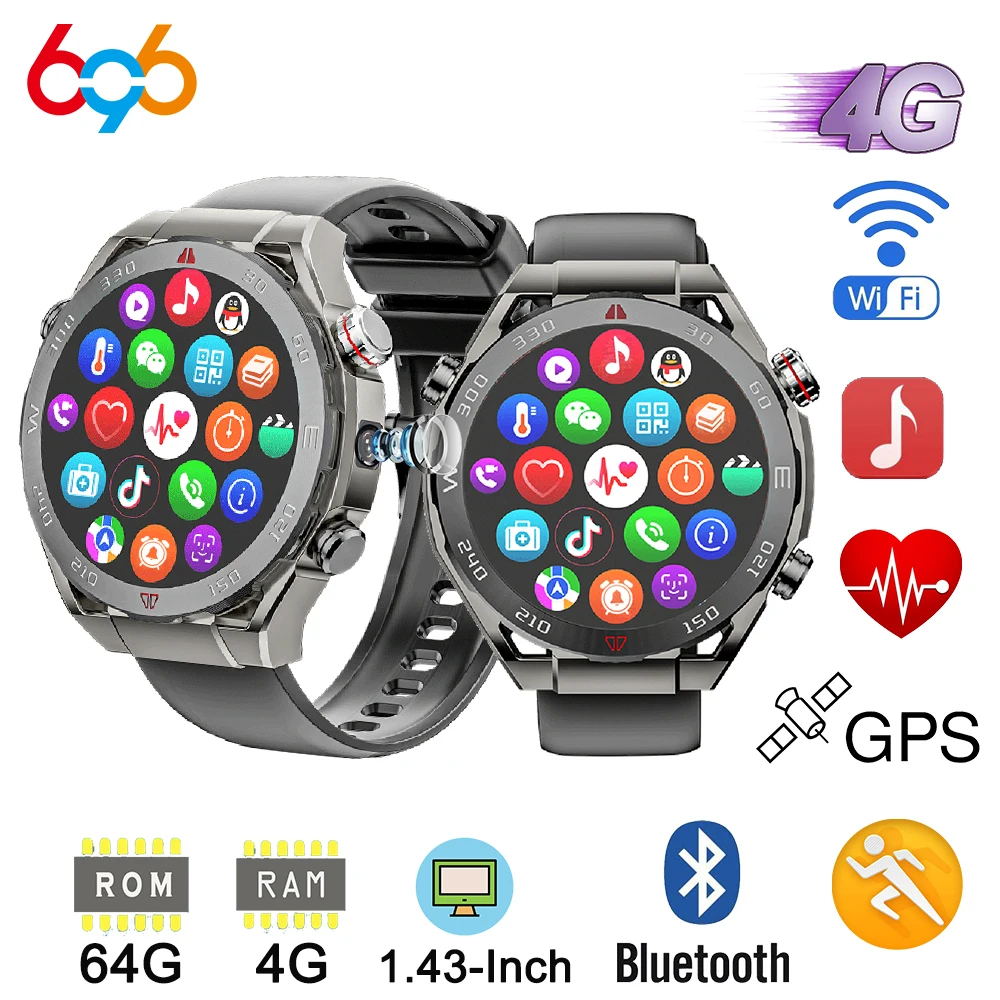 

Смарт-часы мужские 4G Full Netcom, экран 1,43 дюйма, 4 Гб + 64 ГБ