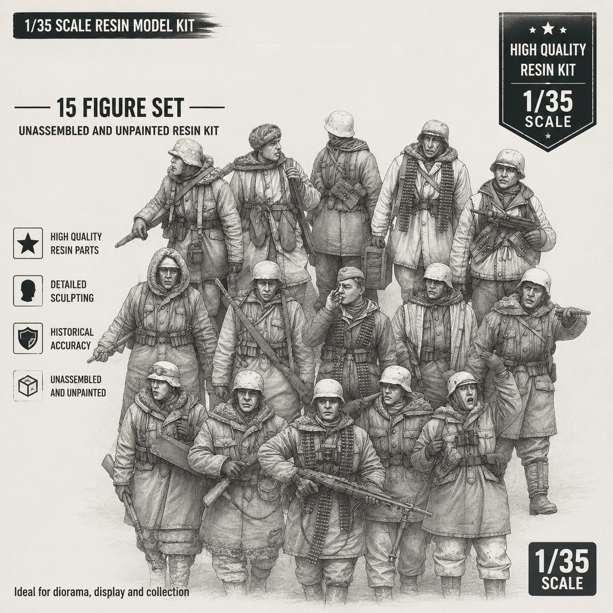 1:35 Casting Resin Model Grey Set Winter 15 Person Set Model Requires Assembly Unpainted