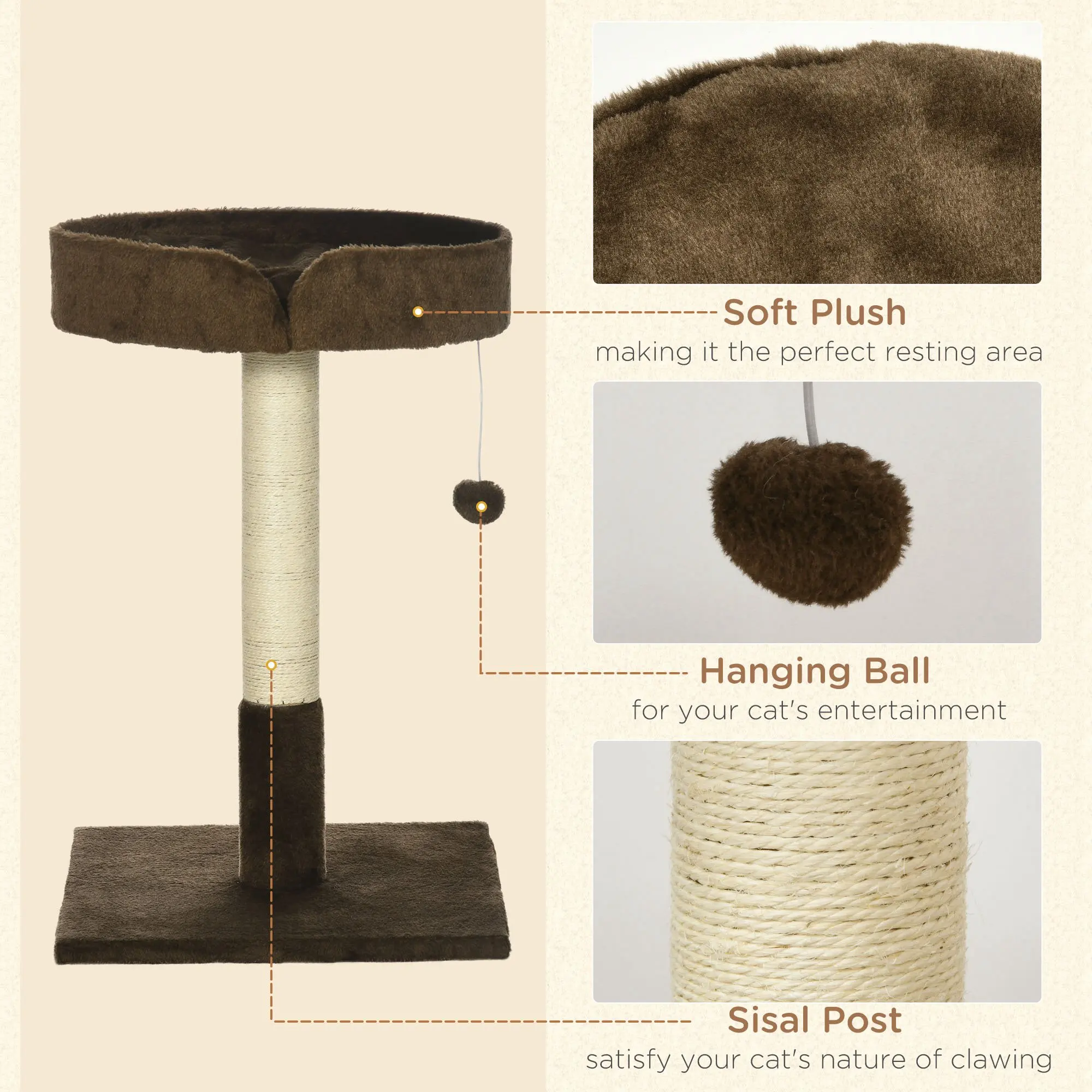 PawHut Small Cat Tree for Indoor Cats with Sisal Scratching Post Kitten Bed Cushion Ball Toy, Brown, 45x45x70 cm