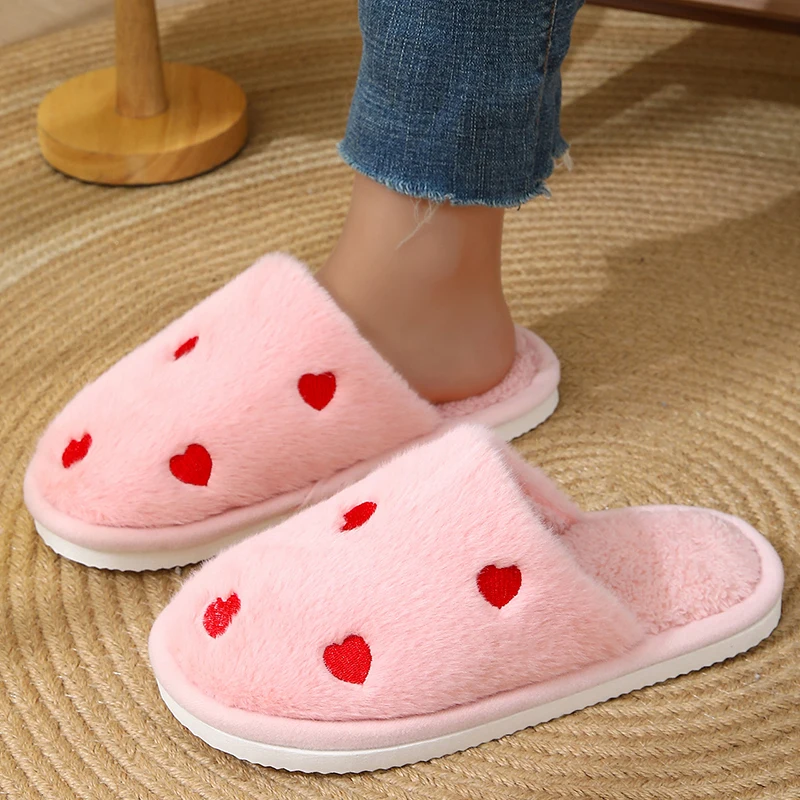 Heart Print Home Fur Slippers for Women Indoor Pink Fluffy Warm Cotton Slippers Woman Soft Bottom Bedroom Plush Slides Lady