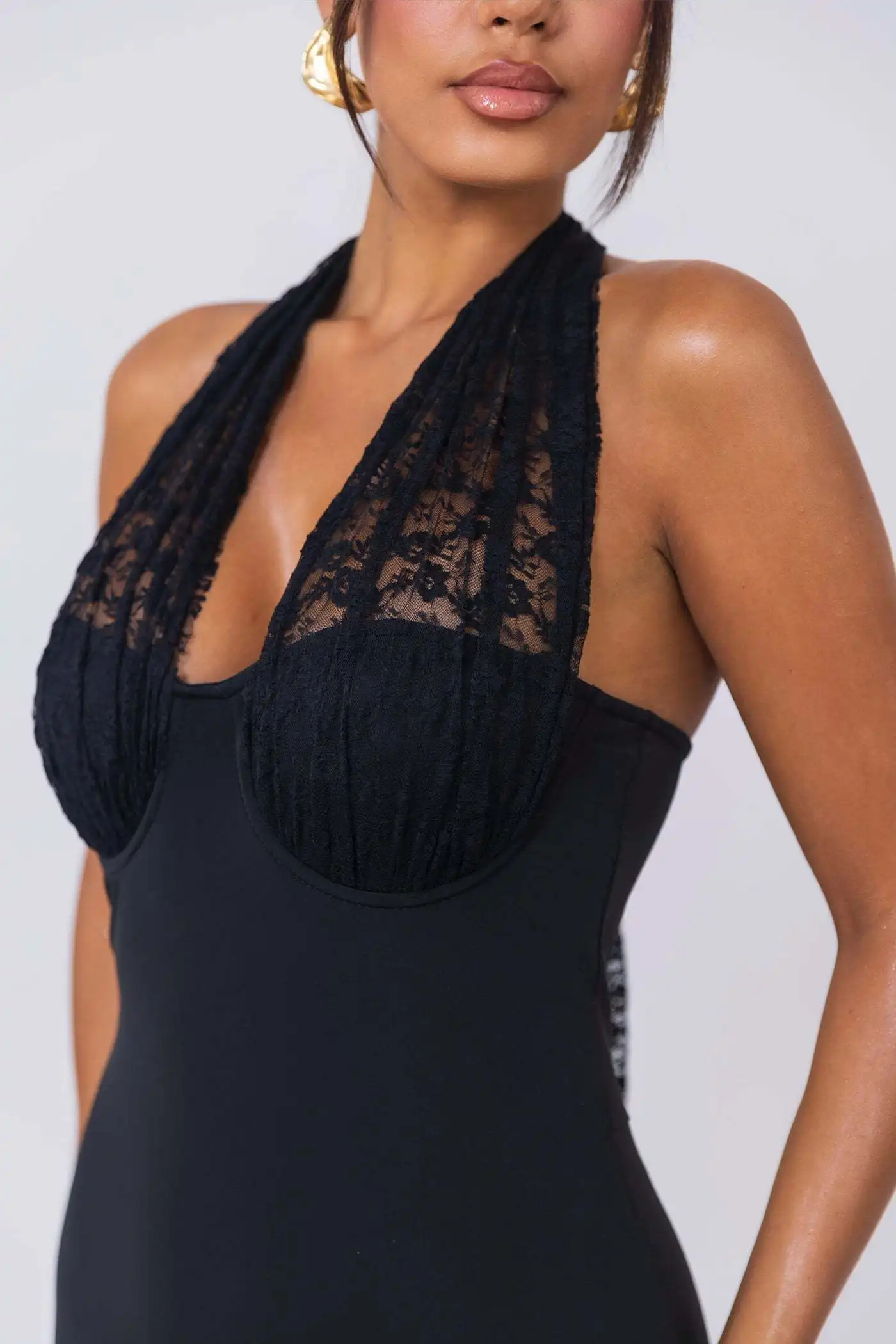 Sexy Hanging Collar Lace Patchwork Deep V Evening Dress Women Elegant Backless Party Club Vestido Autumn/winter New