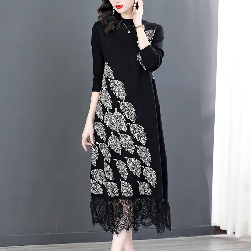 

2023 New Fashion Knitted Dress Women's Autumn/Winter Vintage O-Neck Bottom Long Sleeve Loose Fit Holiday Travel Dress Vestidos