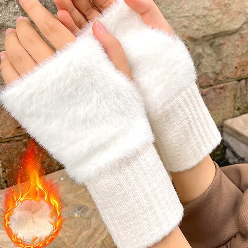1pc Solid Color Warm Wool Half-finger Gloves Women's Winter Plush Knitted Wrist Guards Are New Outdoor Riding To Protect Hands