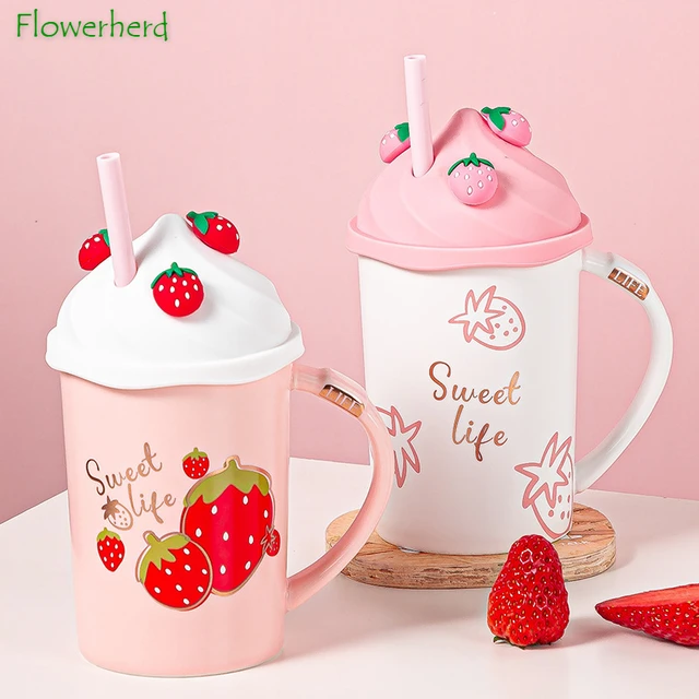 Cute Bear Peach Strawberry Coffee Cup Kawaii Ceramic Mugs Creative Tea Milk  Breakfast Water Cup With Lid Spoon Birthday Gift - AliExpress