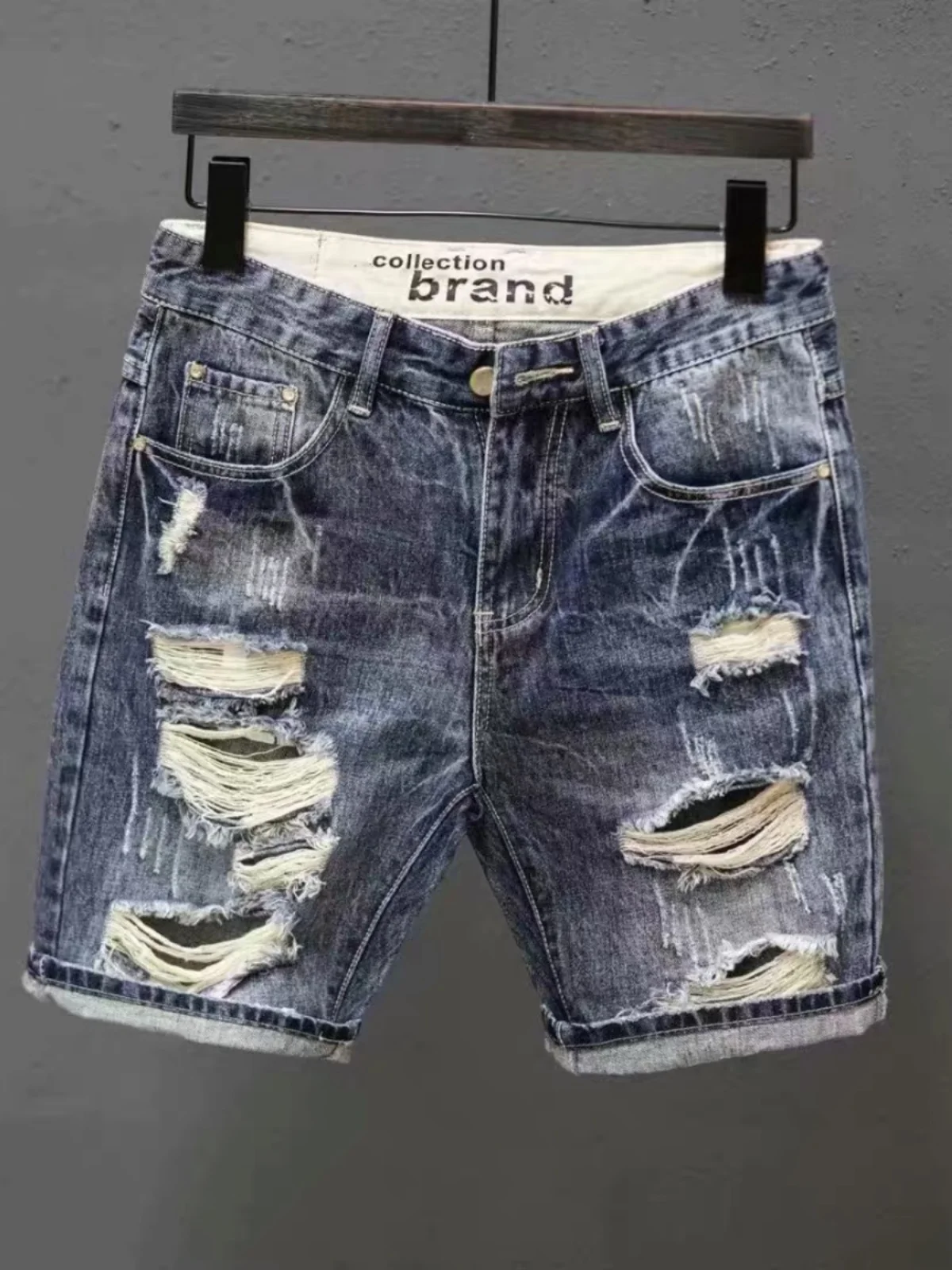 

Джинсовые шорты в потертом стиле для мужчин, приталенные штаны в Корейском стиле, модные брендовые синие ретро-шорты с оборками