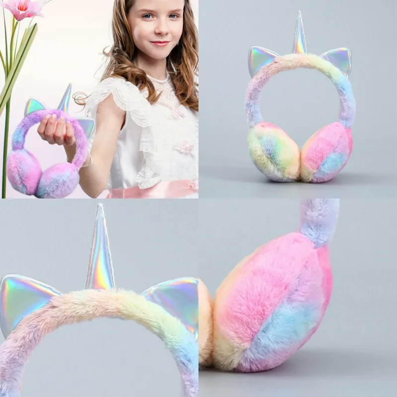 Children Unicorn Warm Earflap Colorful Soft Plush Fluffy Cat Ears Earmuffs Kids Winter Outdoor Cycling Ski Snow Tie-dye Headwear