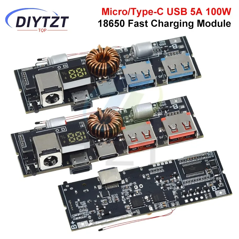 Power Bank DIYTZT QC4.0 QC3.0 LED Dual USB PD Fast Charge 5A 100W Micro/Type-C USB Mobile 18650 Charging Module